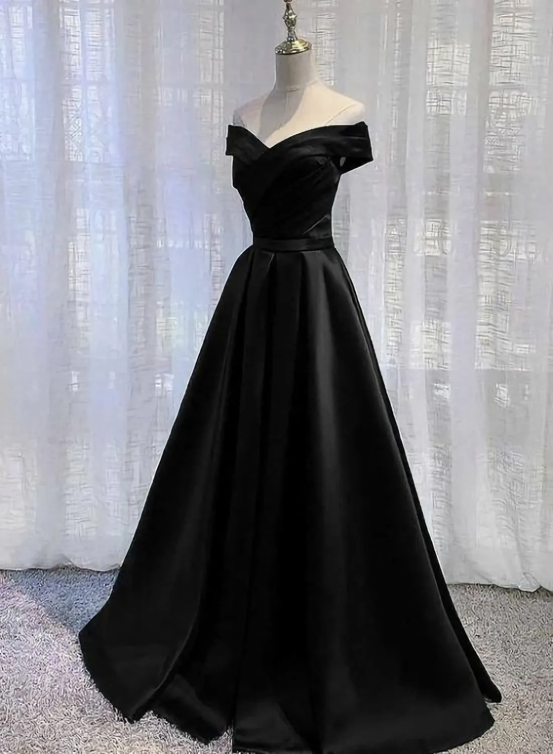 Off Shoulder Black Satin A Line Party Dress Formal Dress Long Black Prom Dress