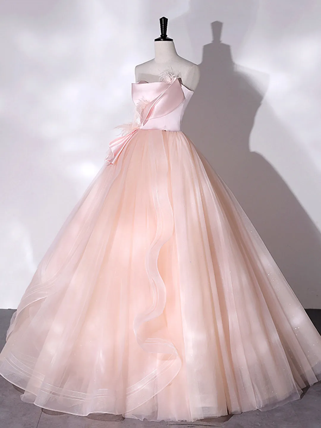 Pink Strapless Tulle Long Formal Dress Pink A-line Prom Dress with Feathers