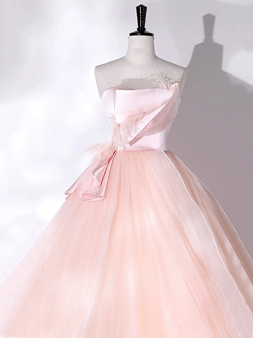 Pink Strapless Tulle Long Formal Dress Pink A-line Prom Dress with Feathers