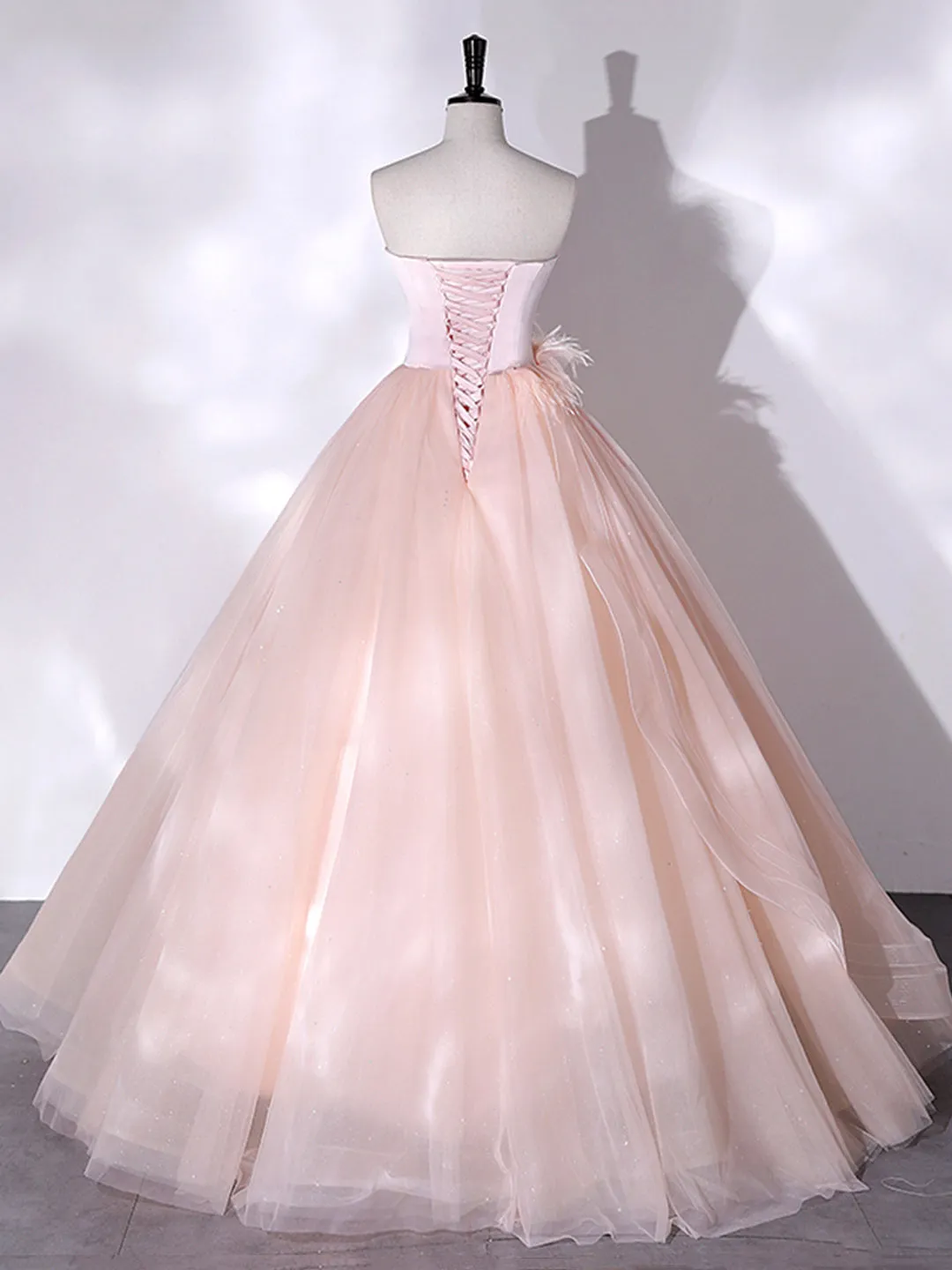 Pink Strapless Tulle Long Formal Dress Pink A-line Prom Dress with Feathers