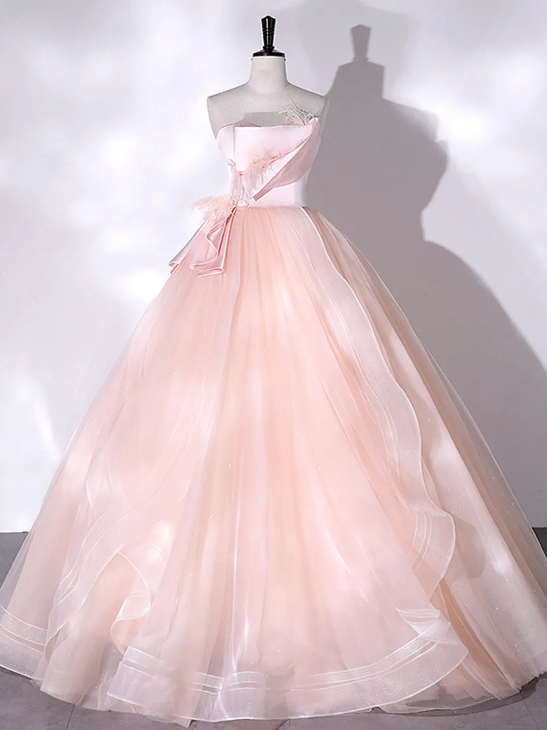 Pink Strapless Tulle Long Formal Dress Pink A-line Prom Dress with Feathers