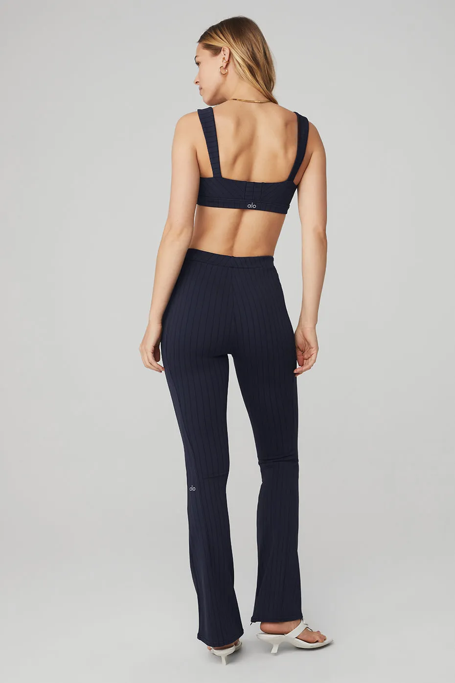 Pinstripe Jacquard Captivate Bra & High-Waist Pinstripe Zip It Flare Legging Set