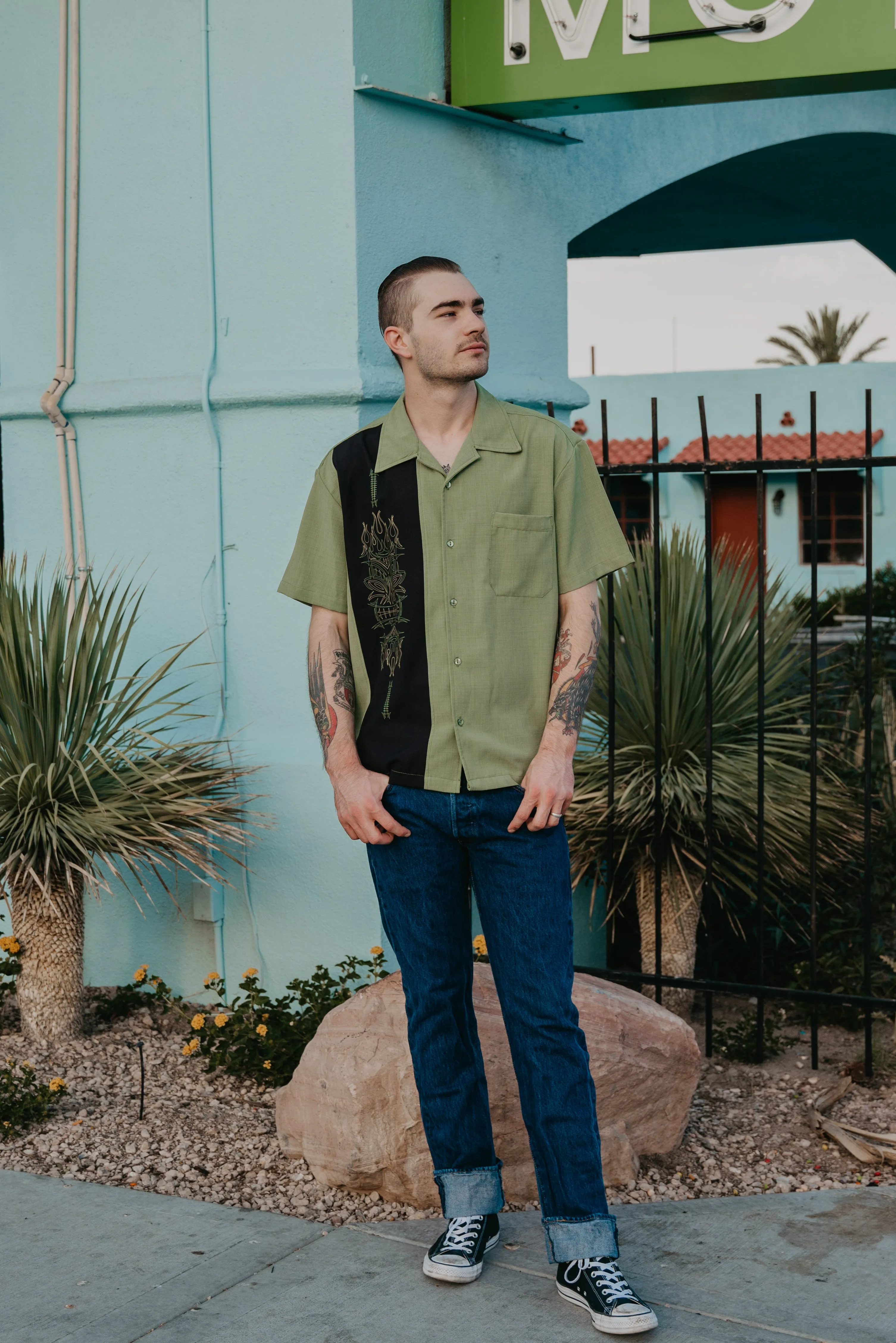 Pinstripe Tiki Panel Bowling Shirt in Green