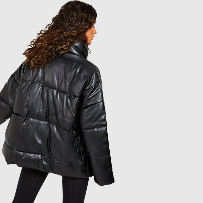 Purchase Best Bubble Faux Leather Oversized Puffer Jacket For Sale