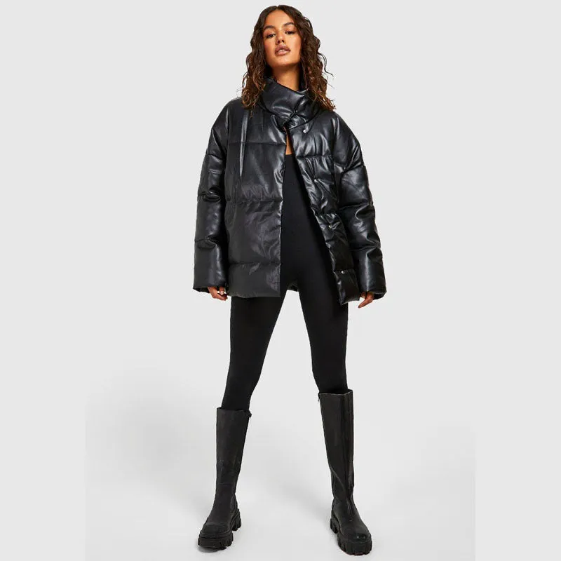 Purchase Best Bubble Faux Leather Oversized Puffer Jacket For Sale