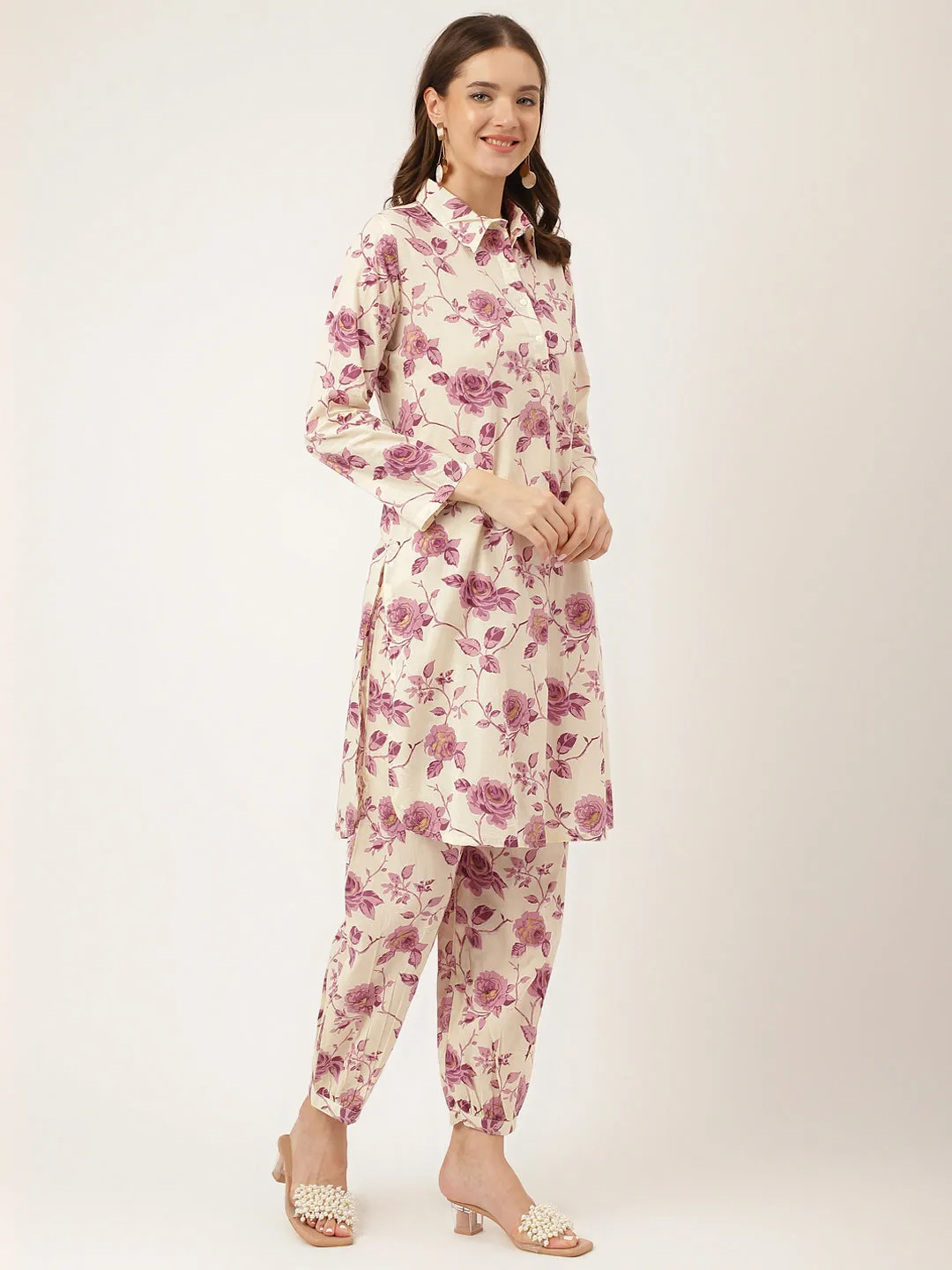 Purple Floral Print Cotton Co-Ord Set