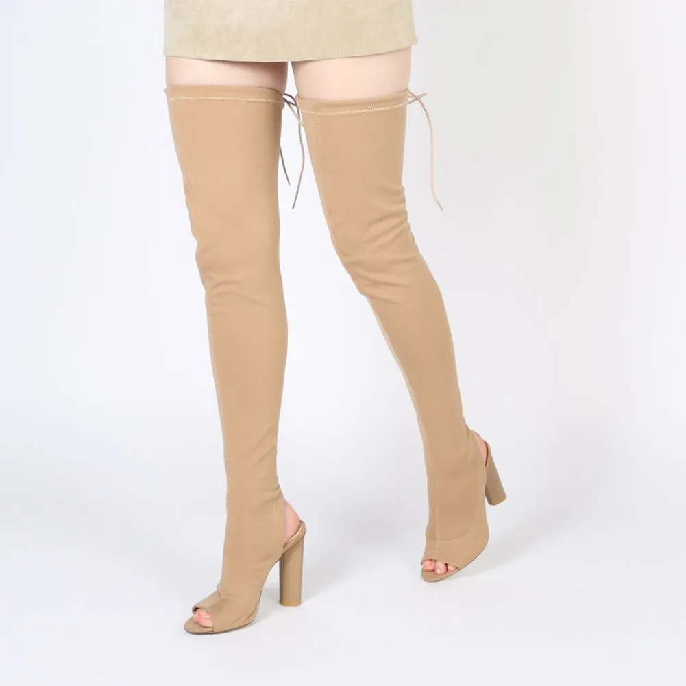 Sidney Peeptoe Sock Fit Boots in Camel Stretch