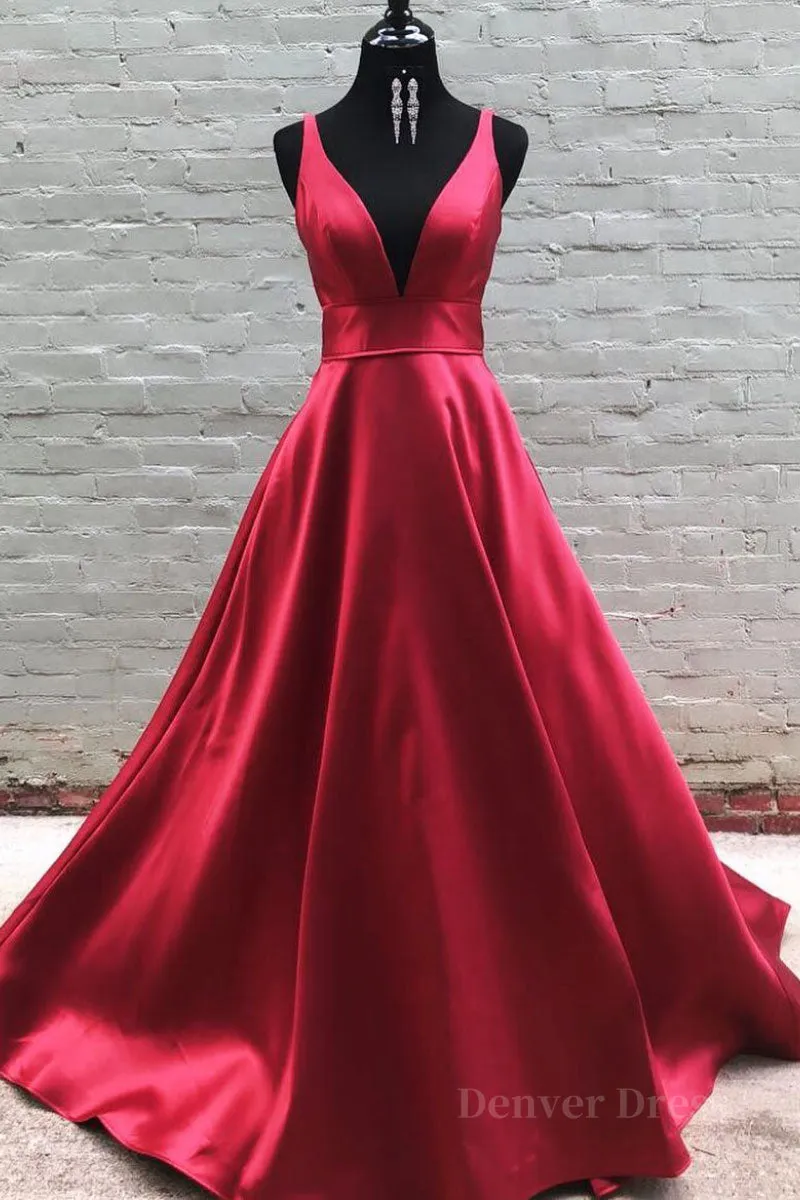 Simple v neck burgundy satin long prom dress burgundy formal dress