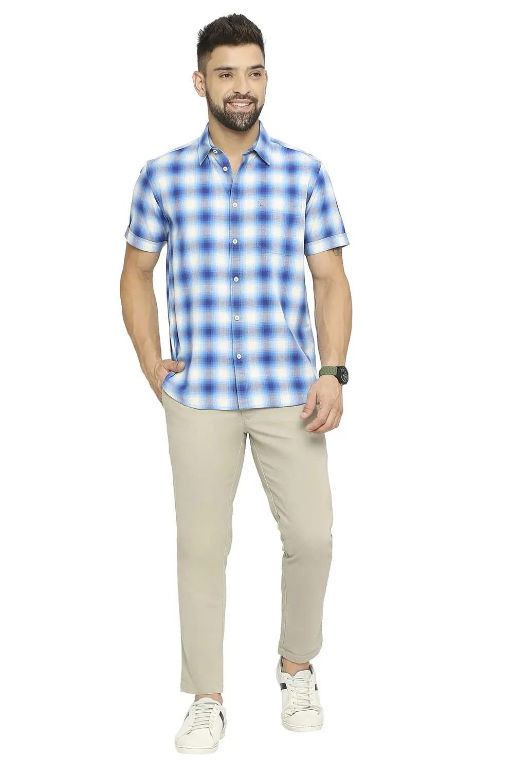 Slim Fit Cotton Brushed Twill Checks Halfsleeves Shirt