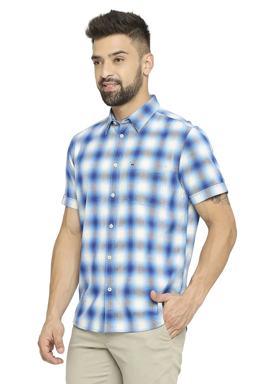 Slim Fit Cotton Brushed Twill Checks Halfsleeves Shirt