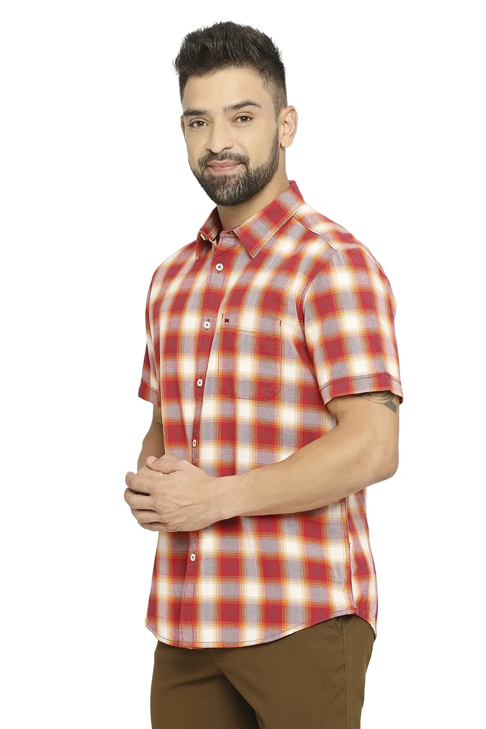 Slim Fit Cotton Brushed Twill Checks Halfsleeves Shirt