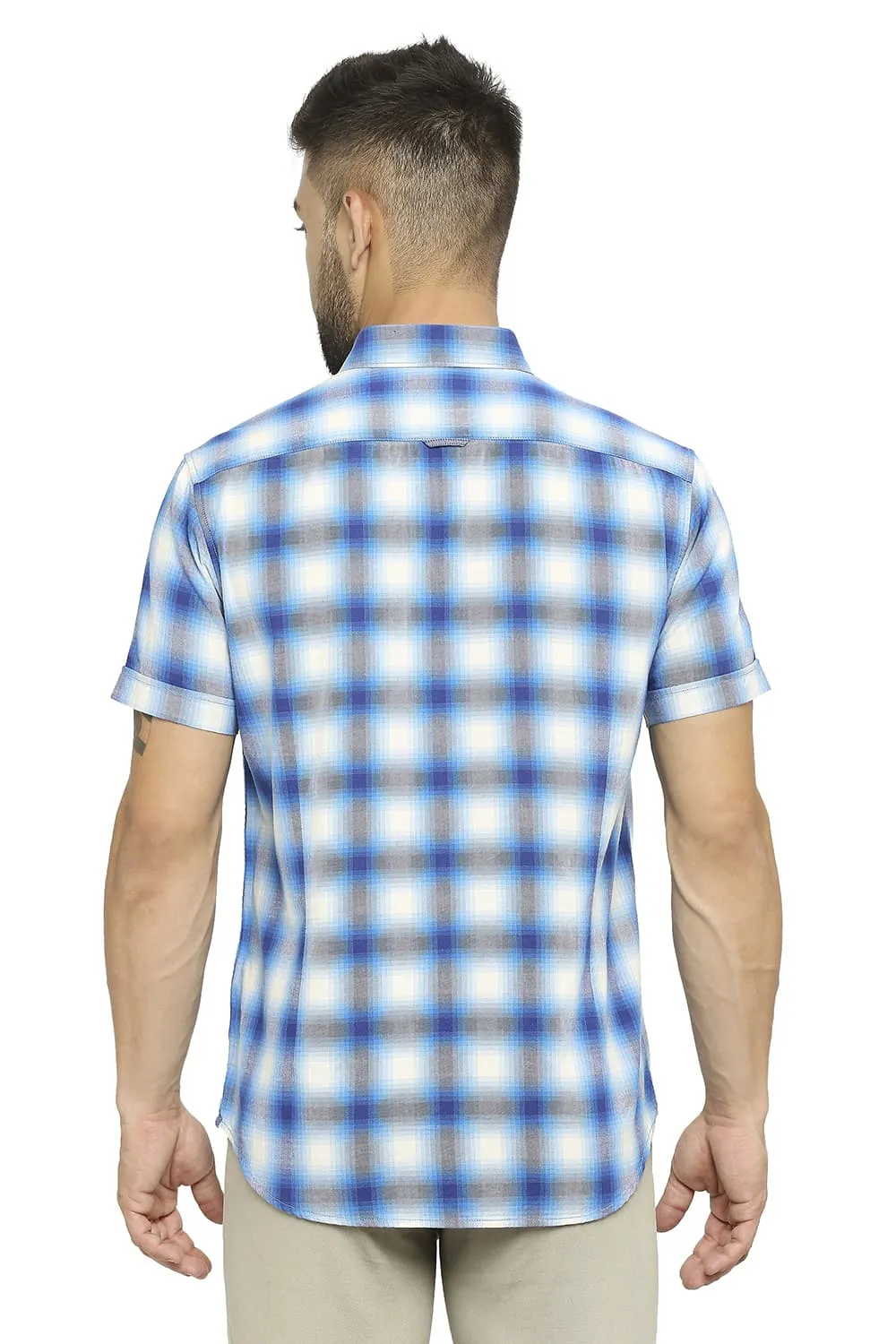 Slim Fit Cotton Brushed Twill Checks Halfsleeves Shirt