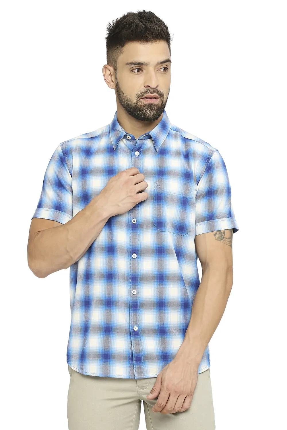 Slim Fit Cotton Brushed Twill Checks Halfsleeves Shirt