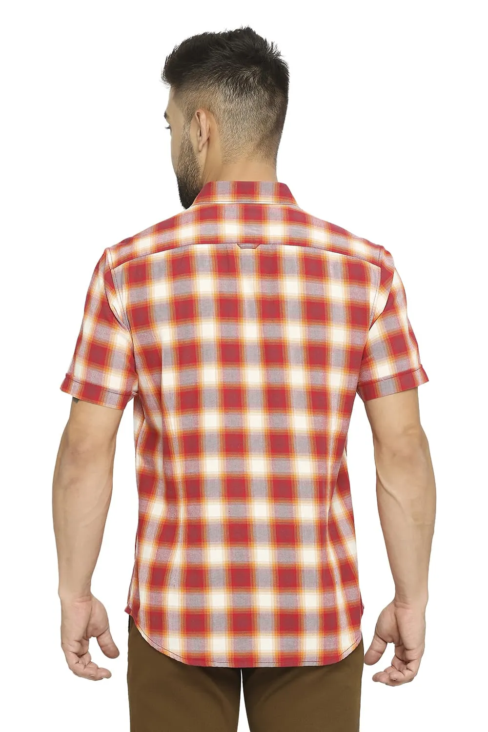 Slim Fit Cotton Brushed Twill Checks Halfsleeves Shirt