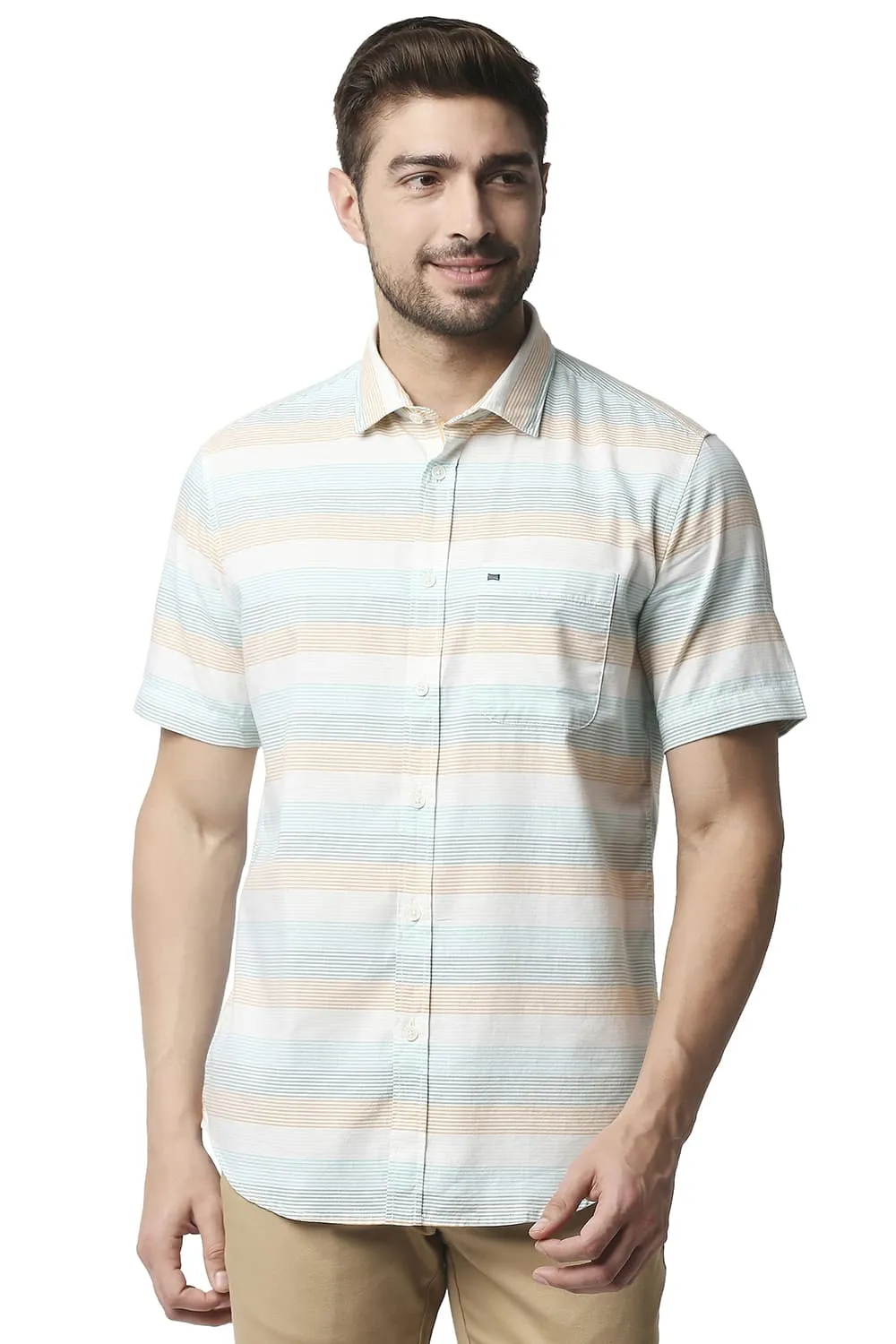 Slim Fit Twill Weft Stripe Halfsleeves Shirt