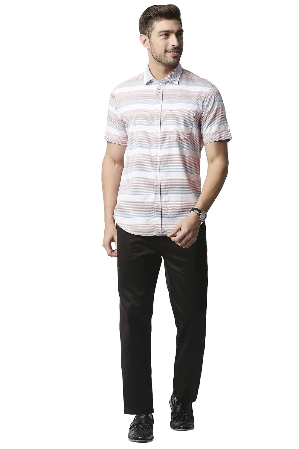 Slim Fit Twill Weft Stripe Halfsleeves Shirt