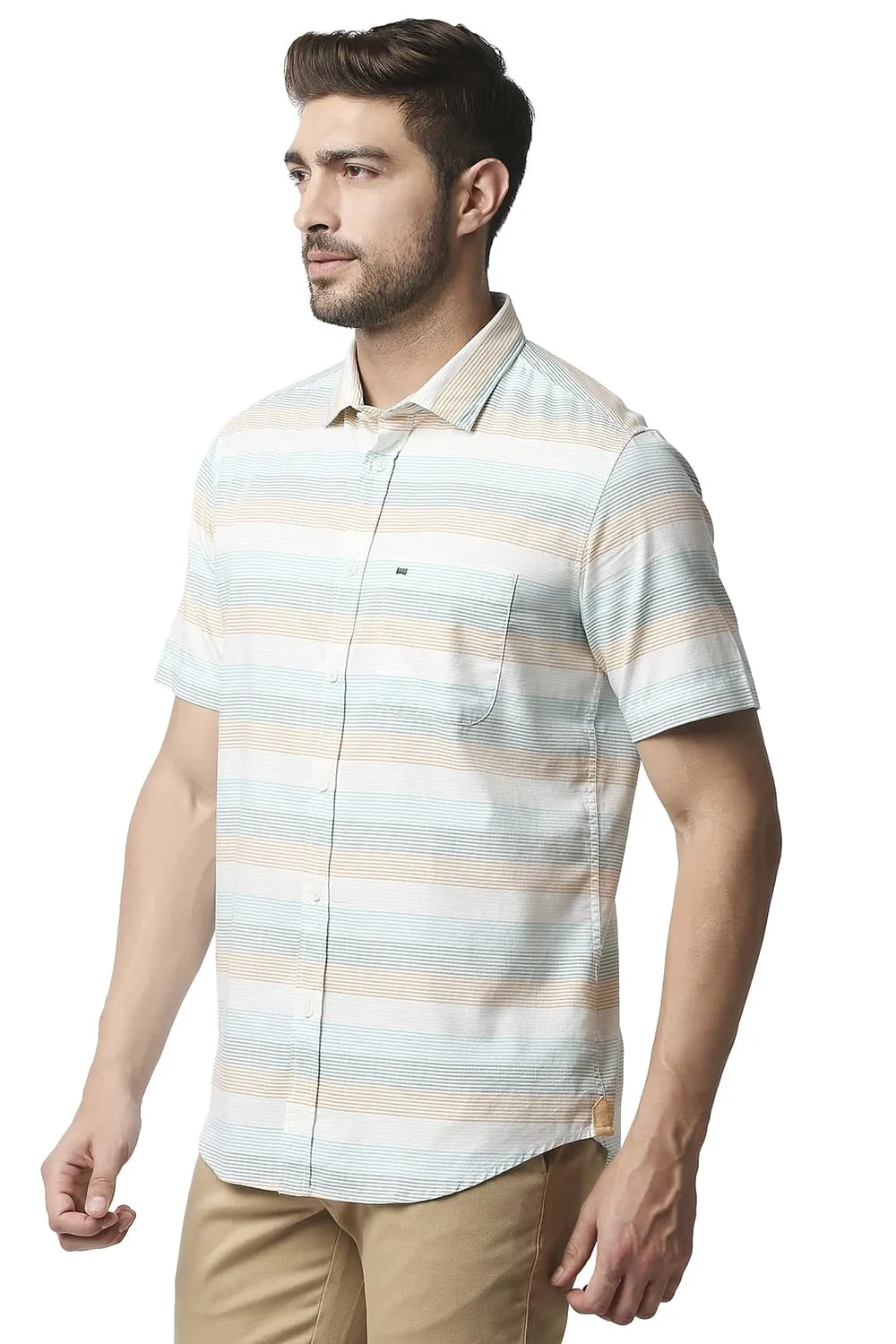 Slim Fit Twill Weft Stripe Halfsleeves Shirt