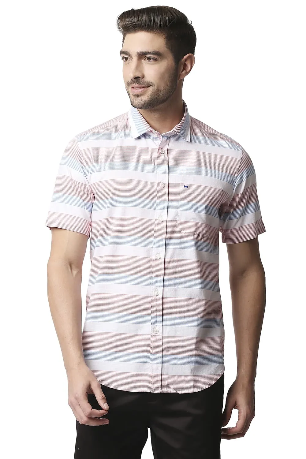 Slim Fit Twill Weft Stripe Halfsleeves Shirt