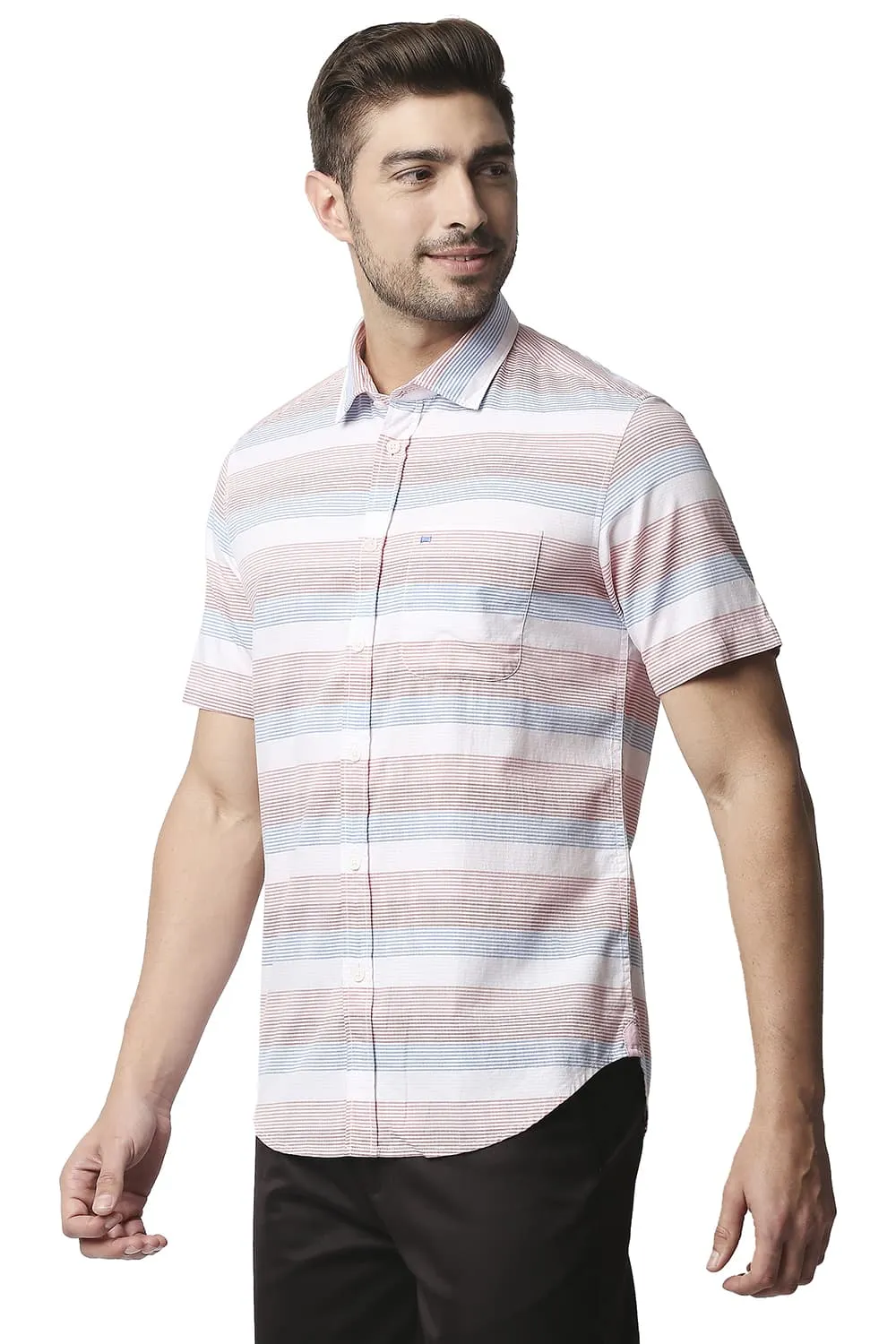 Slim Fit Twill Weft Stripe Halfsleeves Shirt