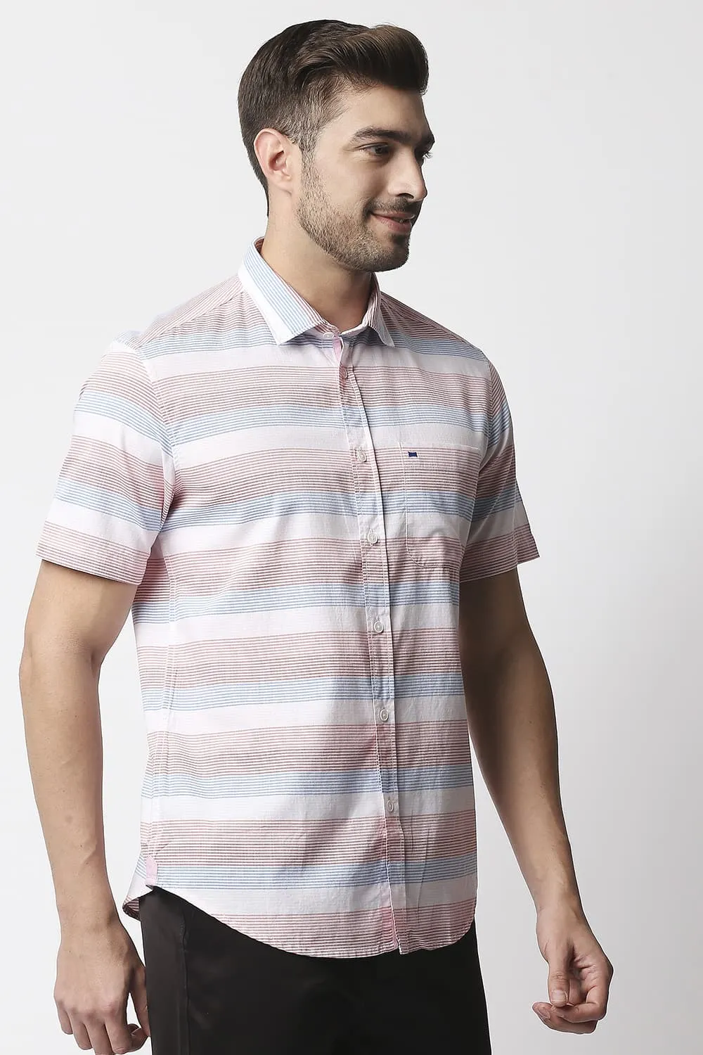 Slim Fit Twill Weft Stripe Halfsleeves Shirt