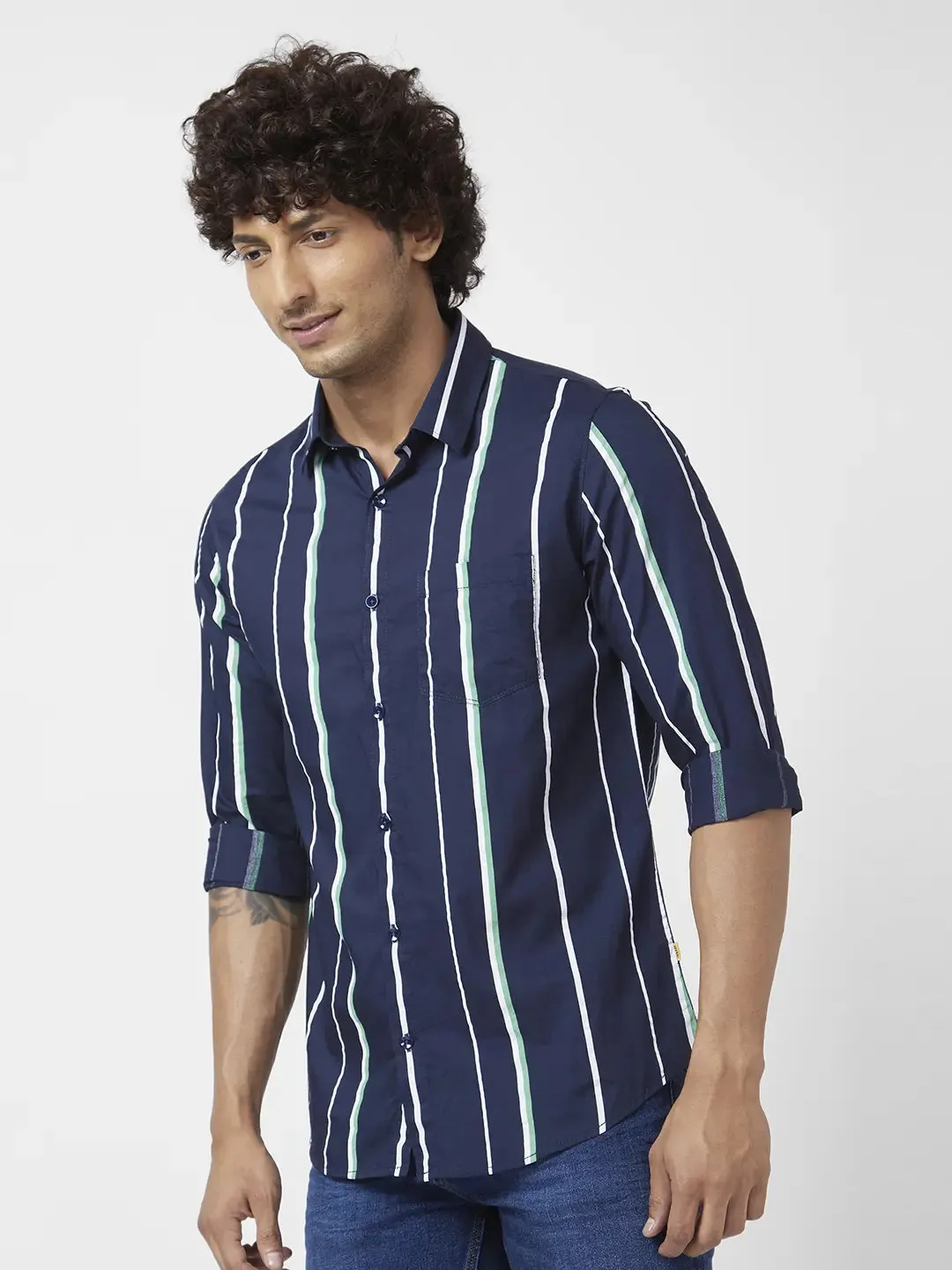 Spykar Men Navy Blue Cotton Slim Fit Full Sleeve Striped Shirt