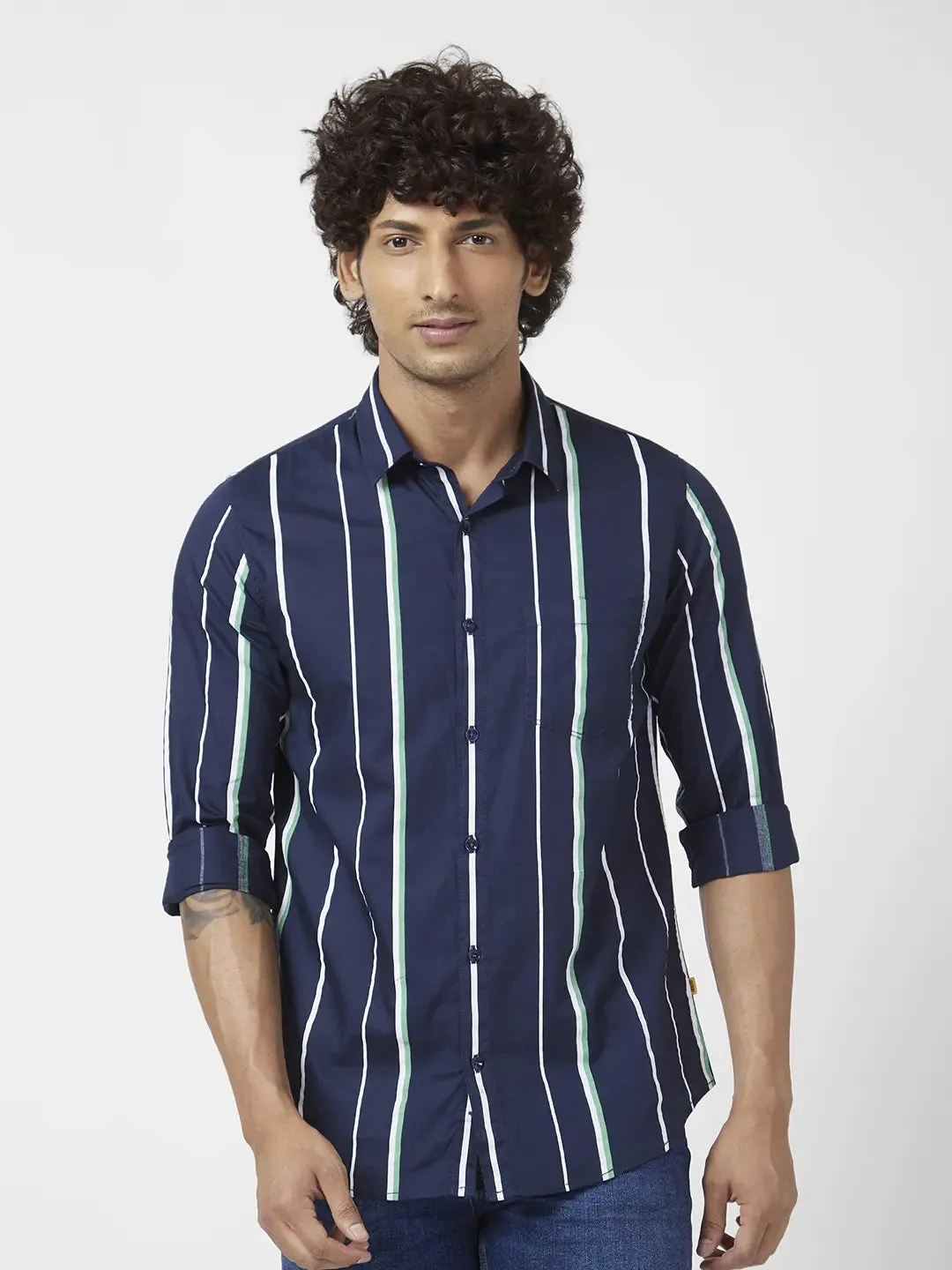 Spykar Men Navy Blue Cotton Slim Fit Full Sleeve Striped Shirt