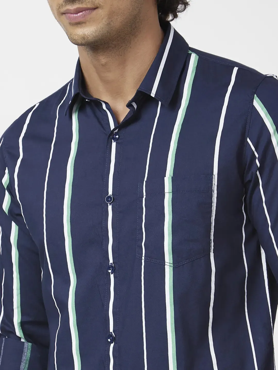 Spykar Men Navy Blue Cotton Slim Fit Full Sleeve Striped Shirt