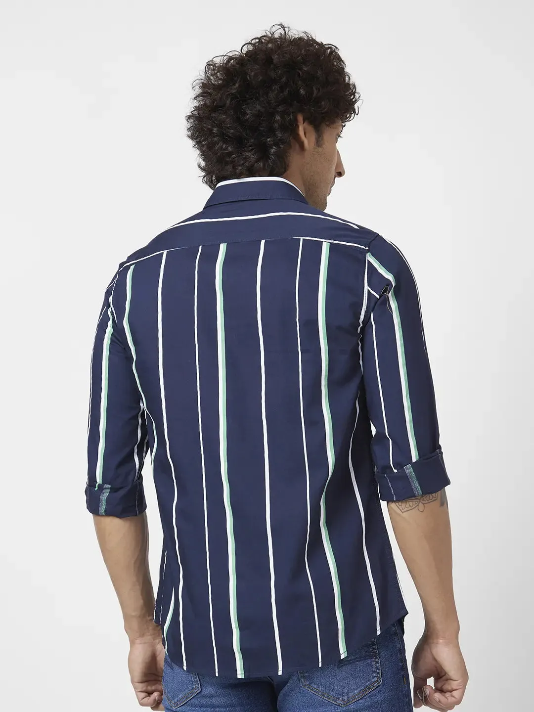 Spykar Men Navy Blue Cotton Slim Fit Full Sleeve Striped Shirt