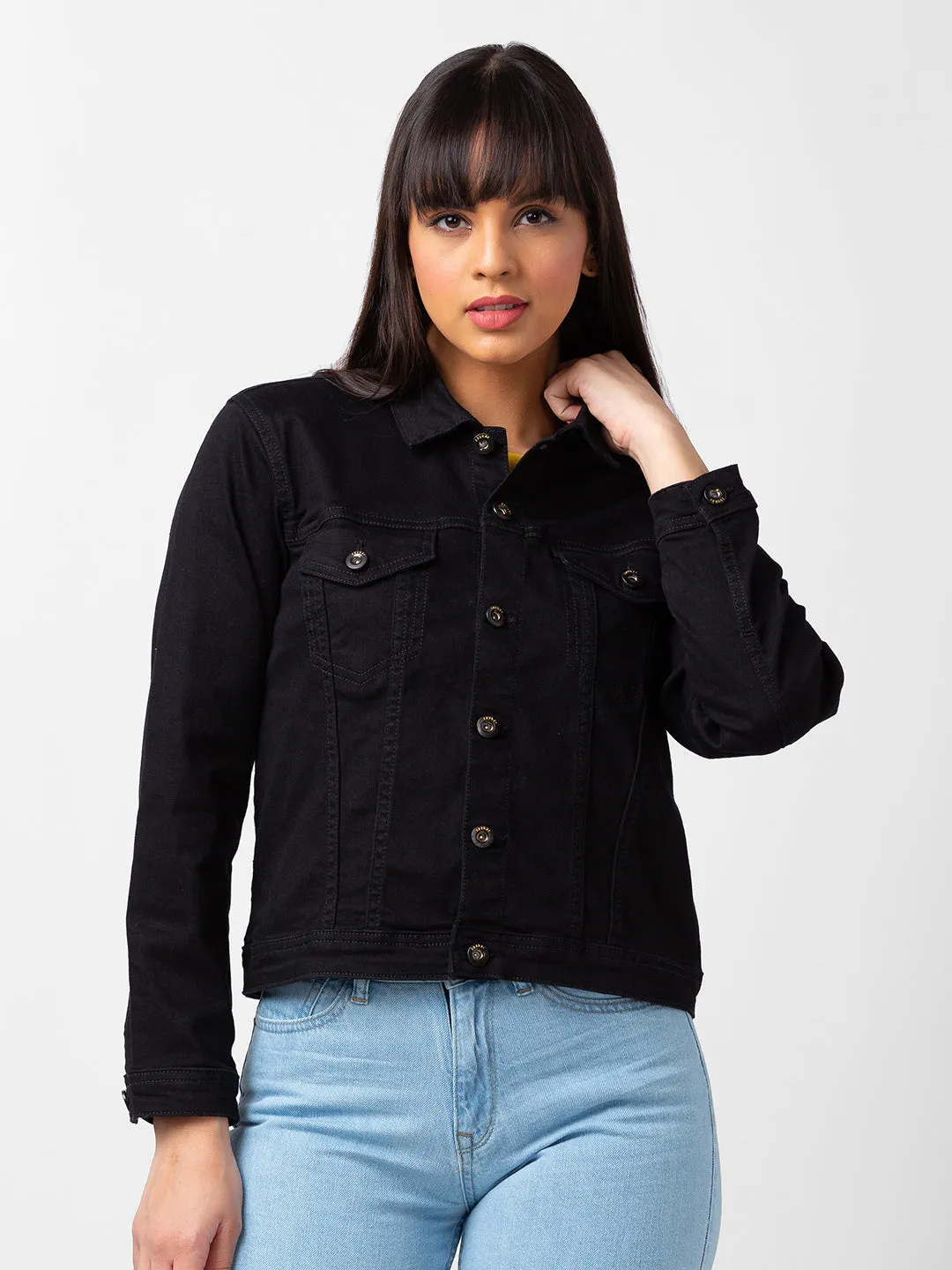 Spykar Women Black Lycra Regular Fit Full Sleeve Denim Jacket