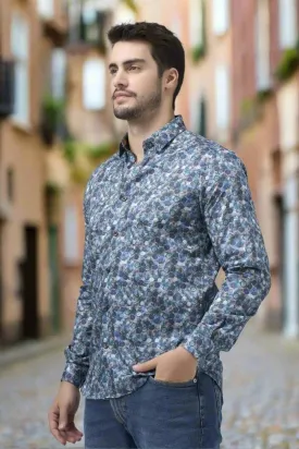 Stylish Multi Blue Modern Print Men's Long Sleeve Slim Fit Shirt