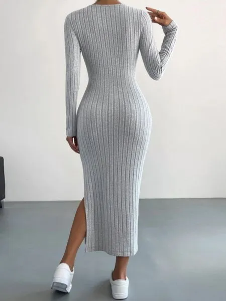 TEEK - Long Sleeved Round Neck Slit Dress