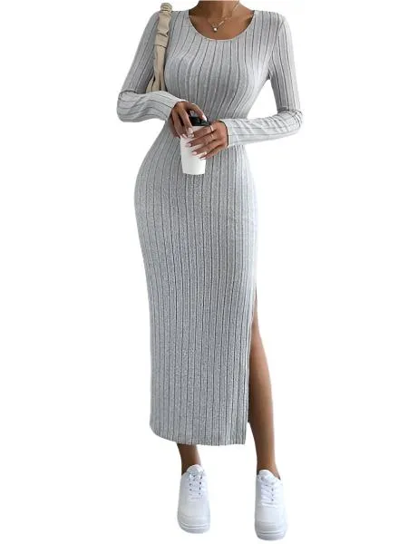 TEEK - Long Sleeved Round Neck Slit Dress