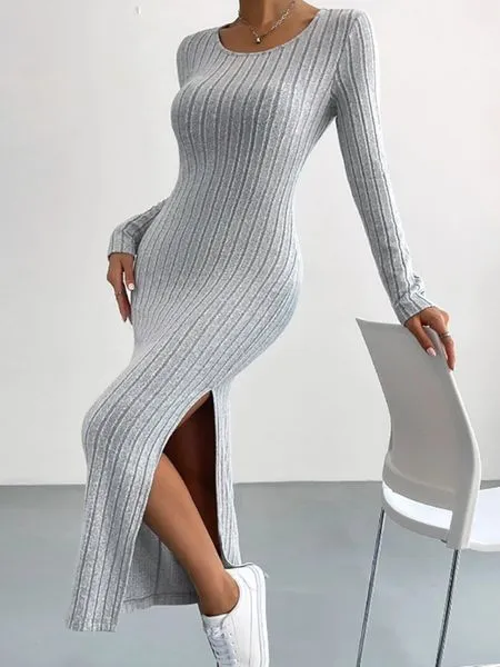 TEEK - Long Sleeved Round Neck Slit Dress