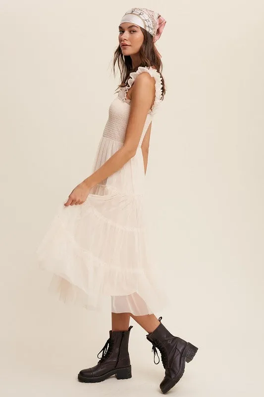 TEEK - Smocked Ruffle Tiered Mesh Bottom Dress