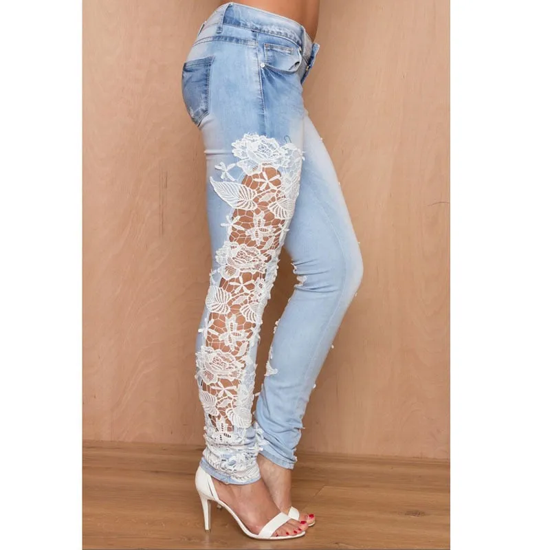 Trendy Stretch Lace Floaral Denim Jeggings