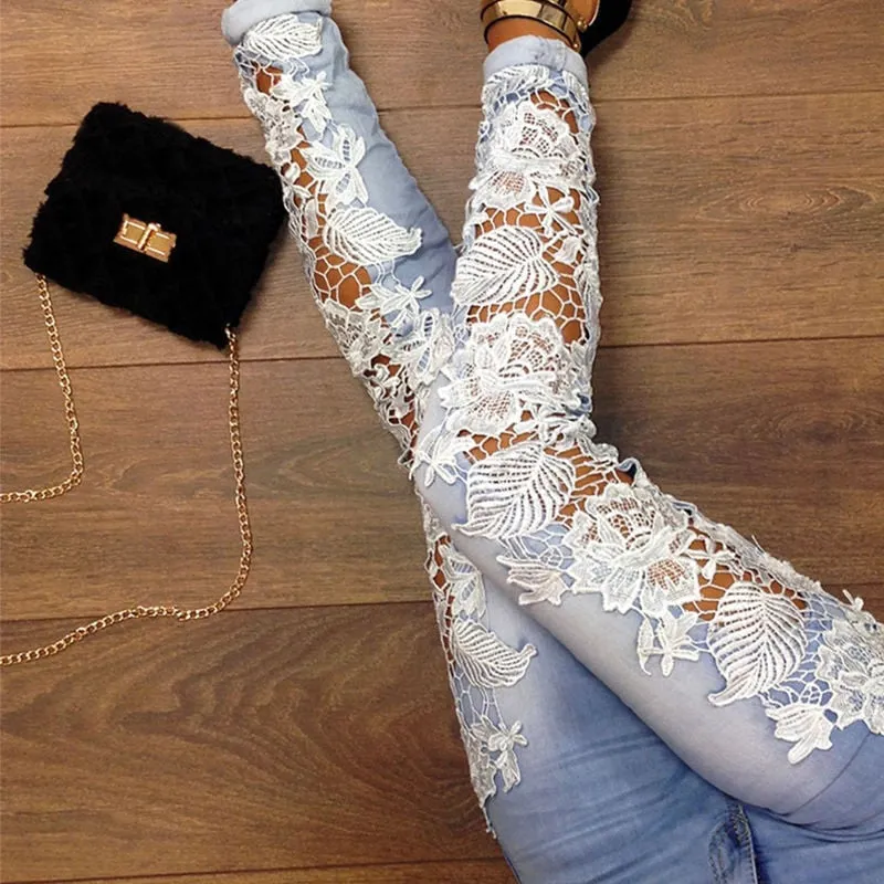 Trendy Stretch Lace Floaral Denim Jeggings