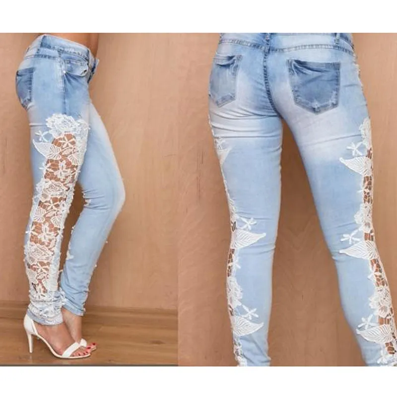 Trendy Stretch Lace Floaral Denim Jeggings