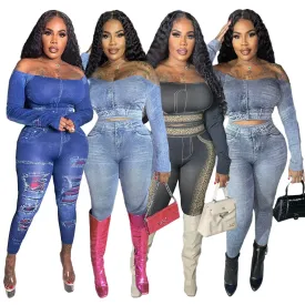 Trendy Two Piece Crop Top Jeggings Set