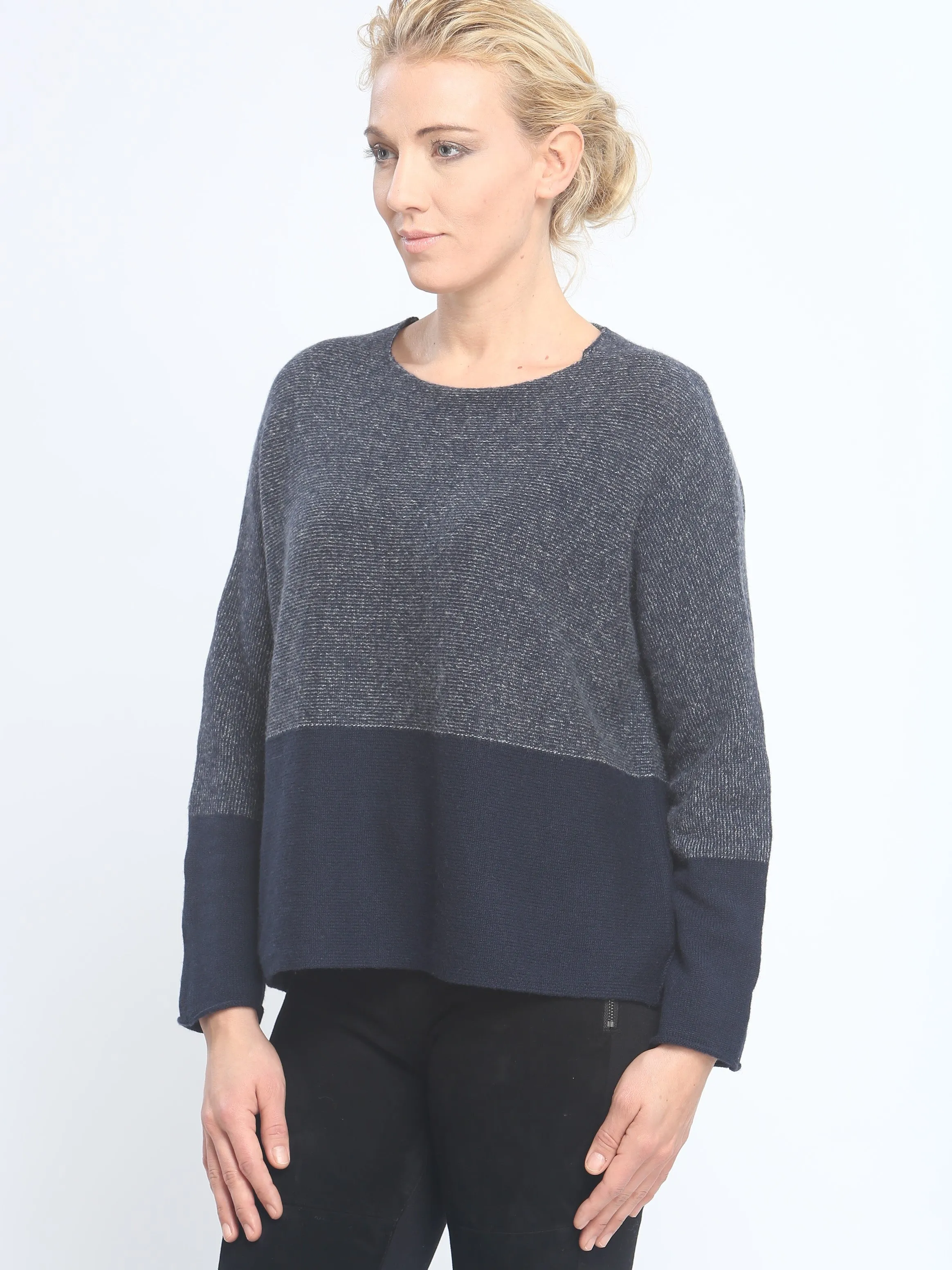 Two-Tone Color Block Crewneck in Cashmere