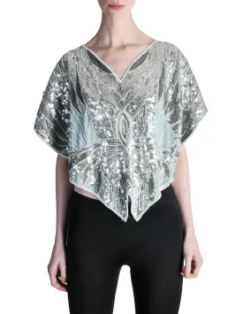 Vintage 1970s Silver Sequin Beaded Butterfly Top