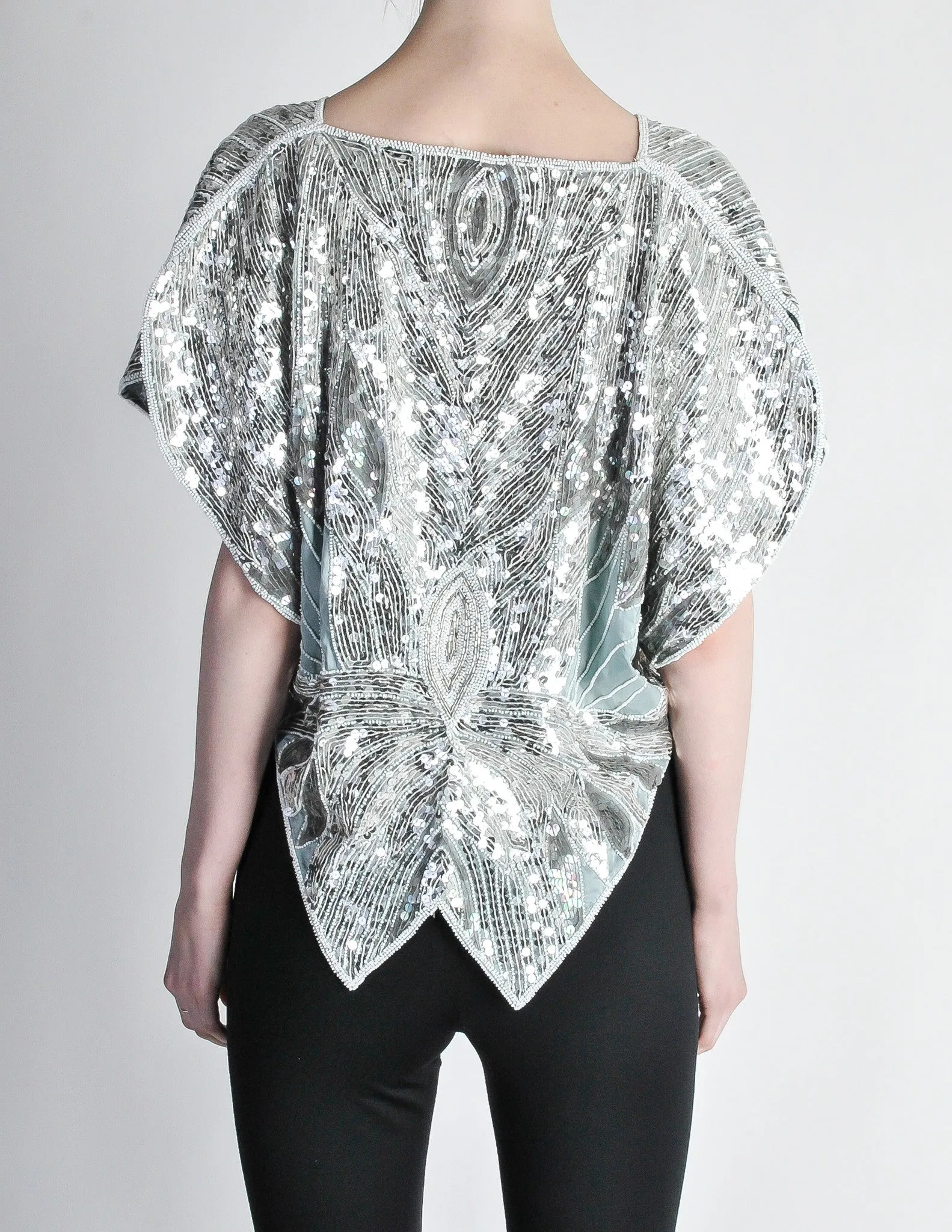 Vintage 1970s Silver Sequin Beaded Butterfly Top