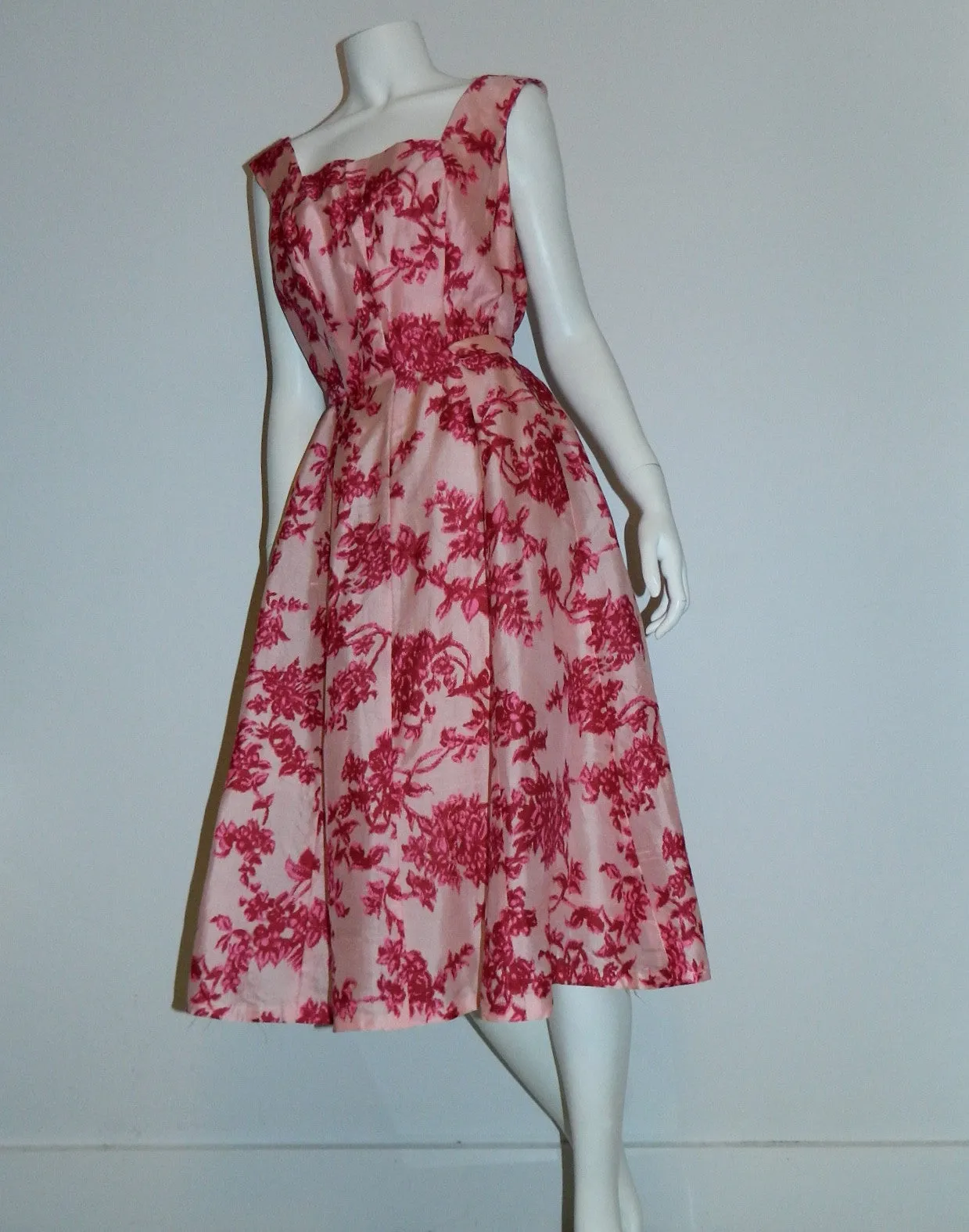 vintage GiGi Young dress / 1960s silk shantung / pink flowers full skirt M