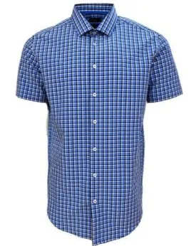 Voyage Performance Persian Blue Check Fitted Short Sleeve Shirts