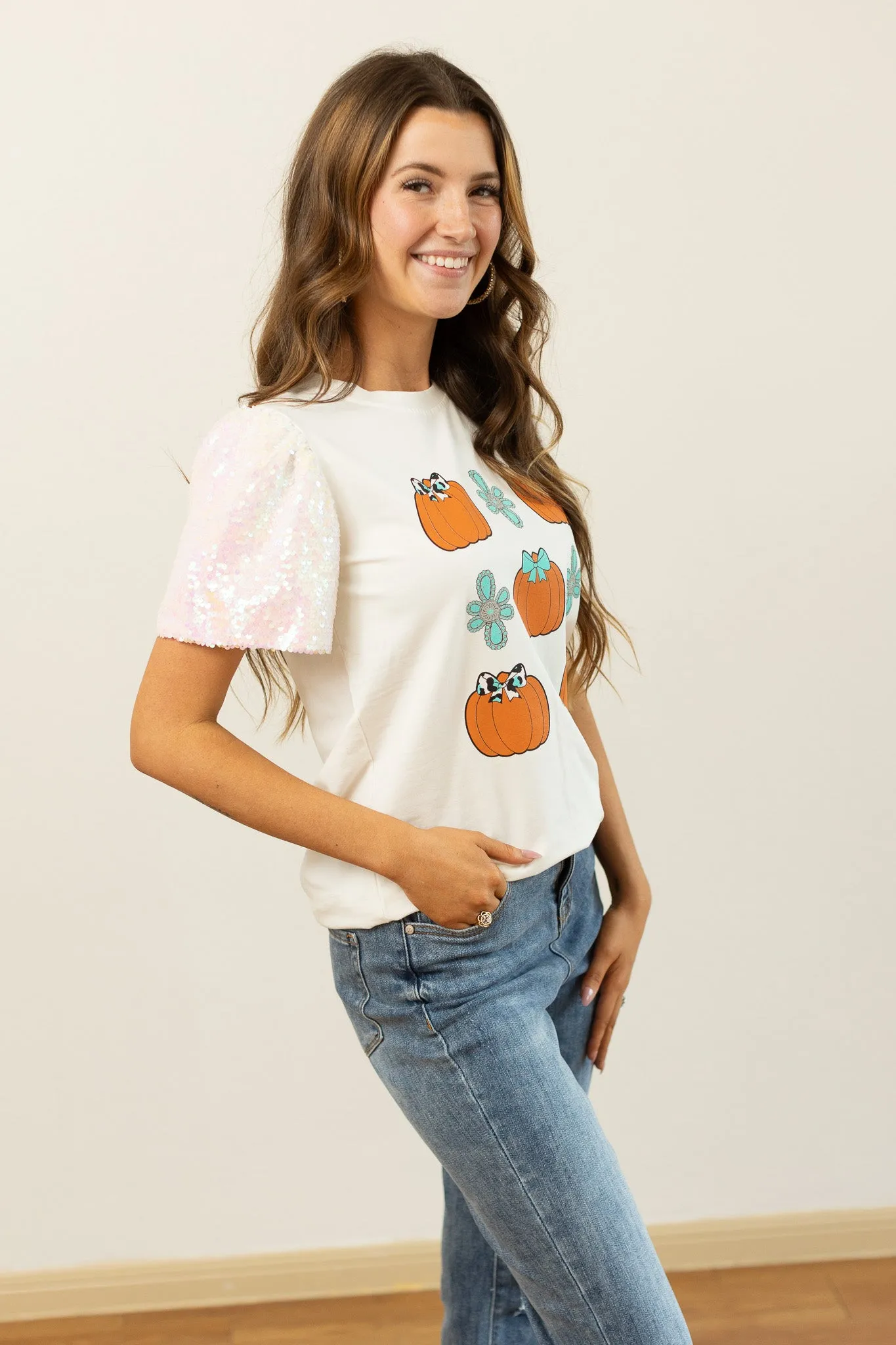 Western Pumpkins on White Top With Sequins Puff Sleeve