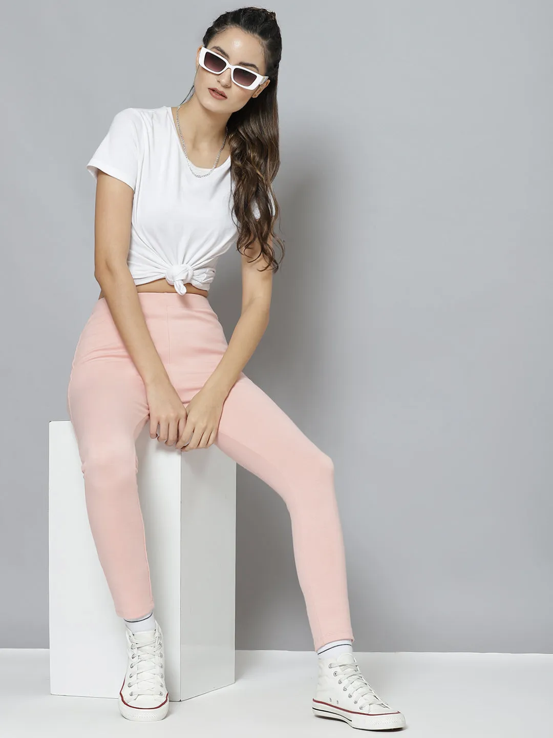 Women Pink Knitted Slim Jeggings