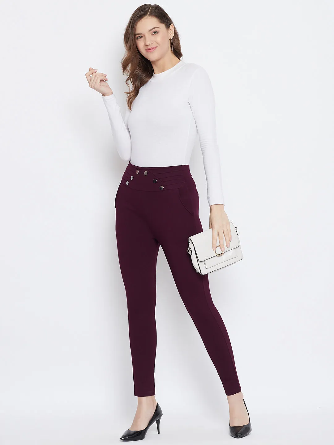 Women Wine Solid Skinny Fit Jeggings