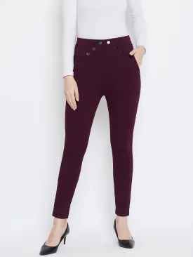 Women Wine Solid Skinny Fit Jeggings