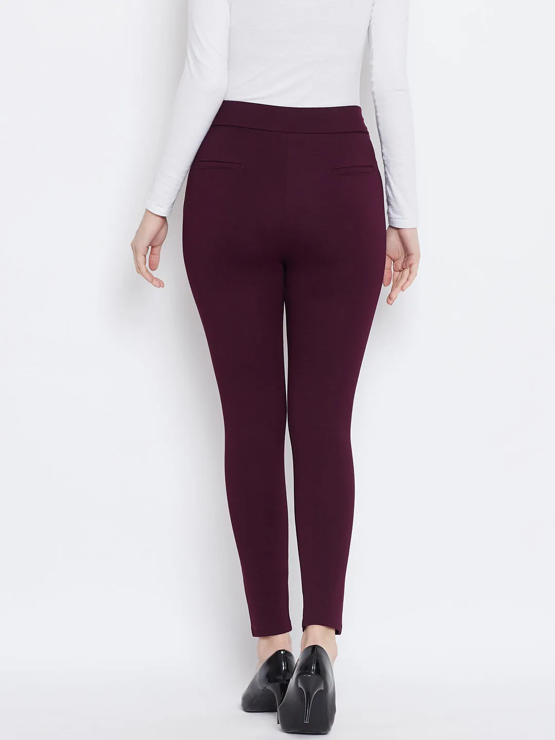 Women Wine Solid Skinny Fit Jeggings