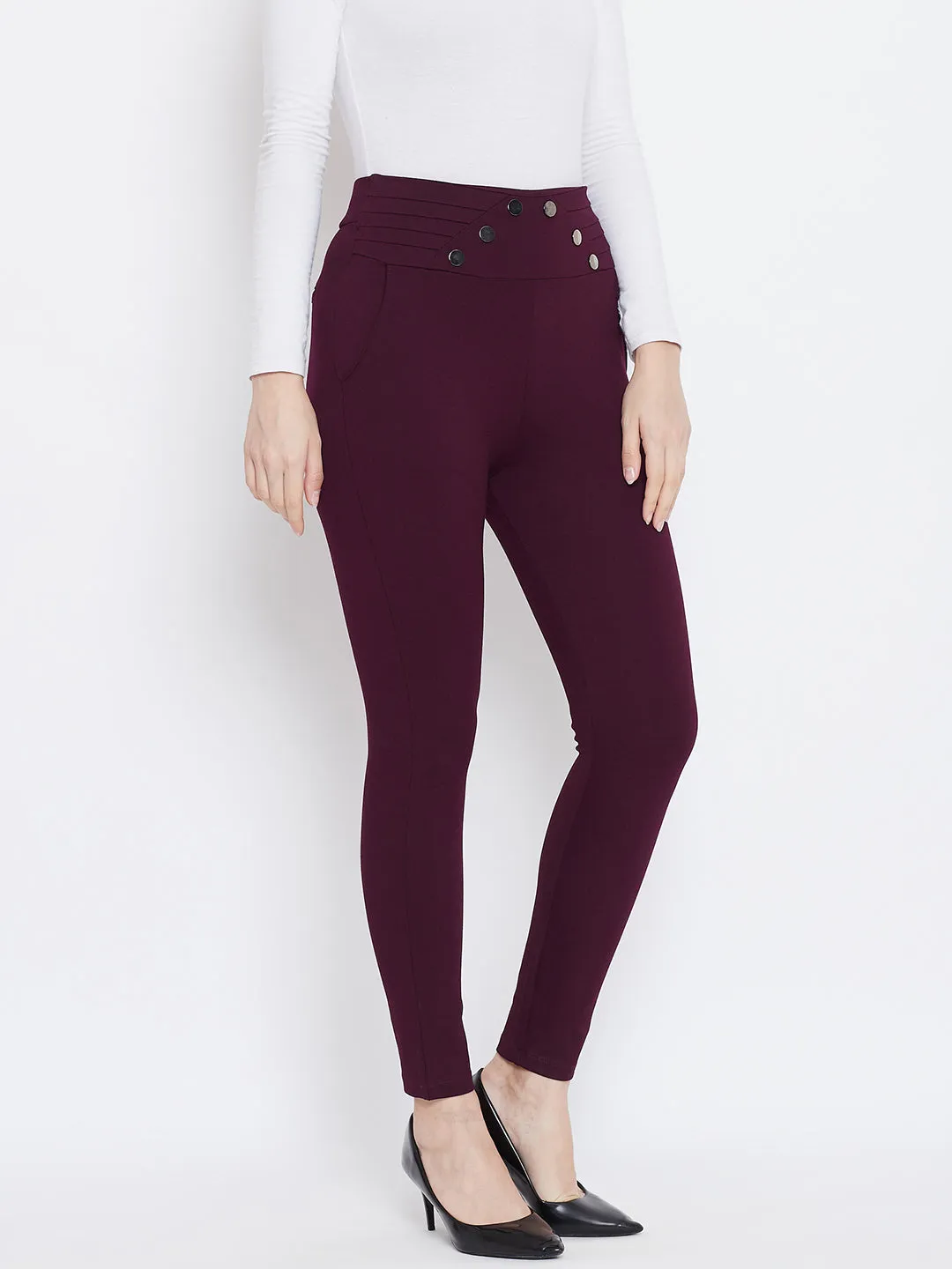 Women Wine Solid Skinny Fit Jeggings