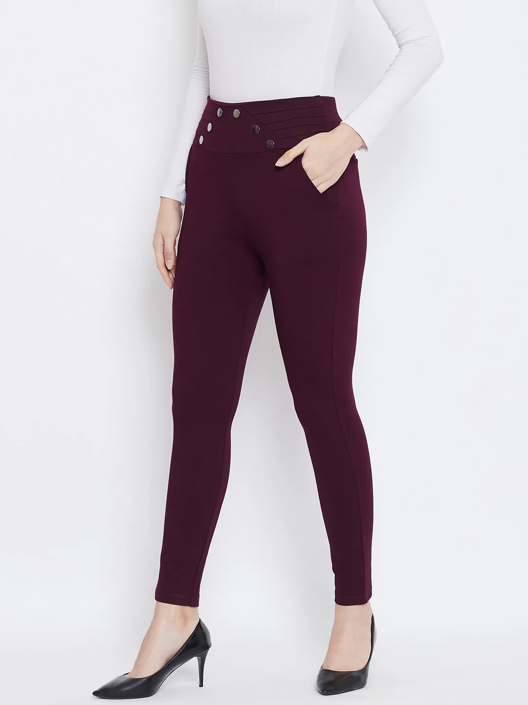 Women Wine Solid Skinny Fit Jeggings